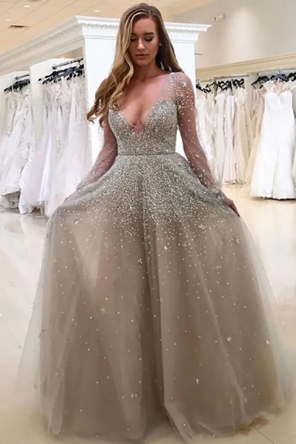 A-Line Deep V-Neck Long Sleeves Grey Tulle Prom Dress with Beading AHC533