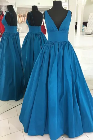A-Line Deep V-Neck Sweep Train Blue Satin Backless Sleeveless Prom Dress LR353