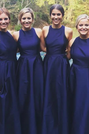 A-Line Jewel Floor-Length Navy Blue Sleeveless Satin Bridesmaid Dress AHC632