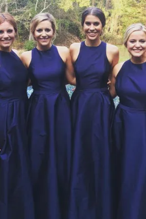A-Line Jewel Floor-Length Navy Blue Sleeveless Satin Bridesmaid Dress AHC632