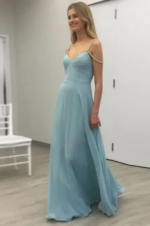 A-Line Spaghetti Straps Light Sky Blue Open Back Prom Dress with Beading LR491