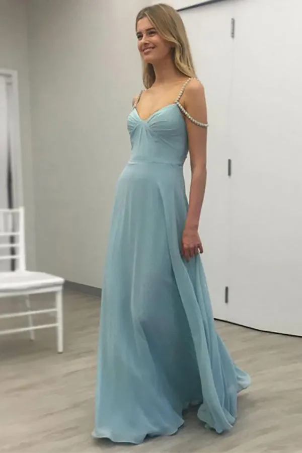 A-Line Spaghetti Straps Light Sky Blue Open Back Prom Dress with Beading LR491