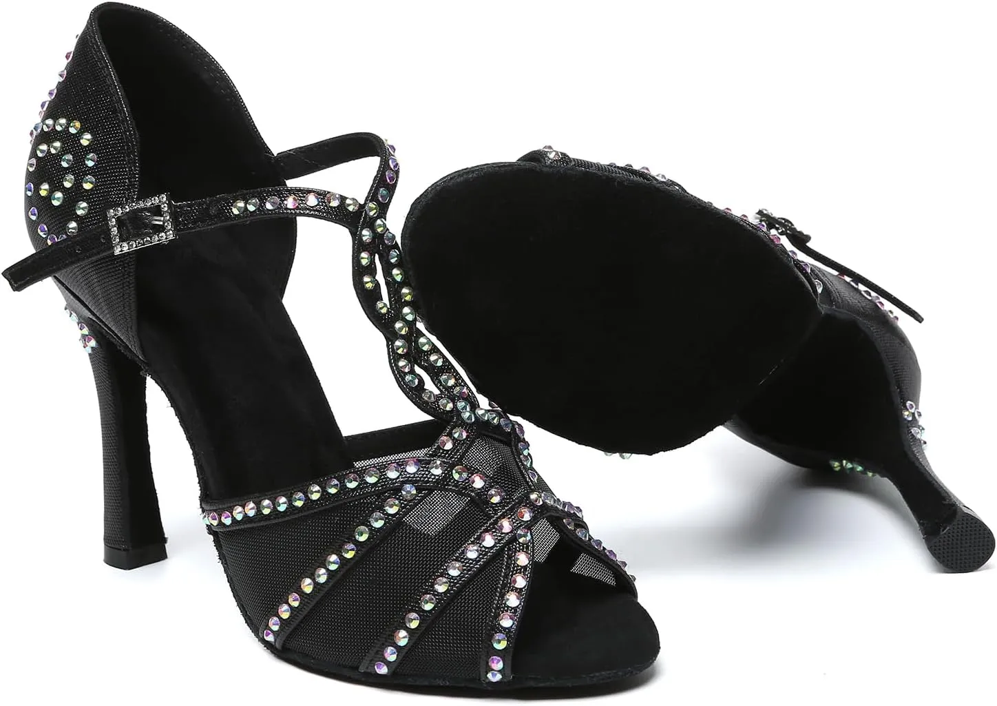 AOQUNFS Rhinestones Latin Dance Shoes Mesh Ballroom Salsa Practice Performance Dance Shoes for Women