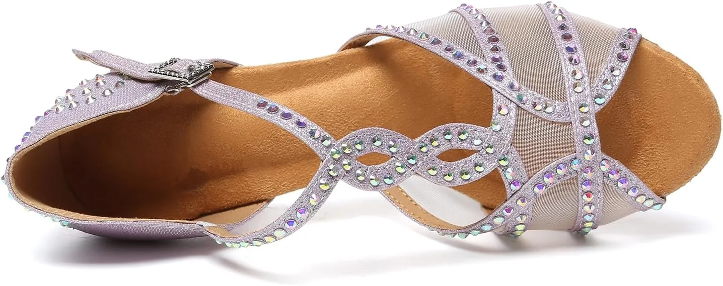 AOQUNFS Rhinestones Latin Dance Shoes Mesh Ballroom Salsa Practice Performance Dance Shoes for Women