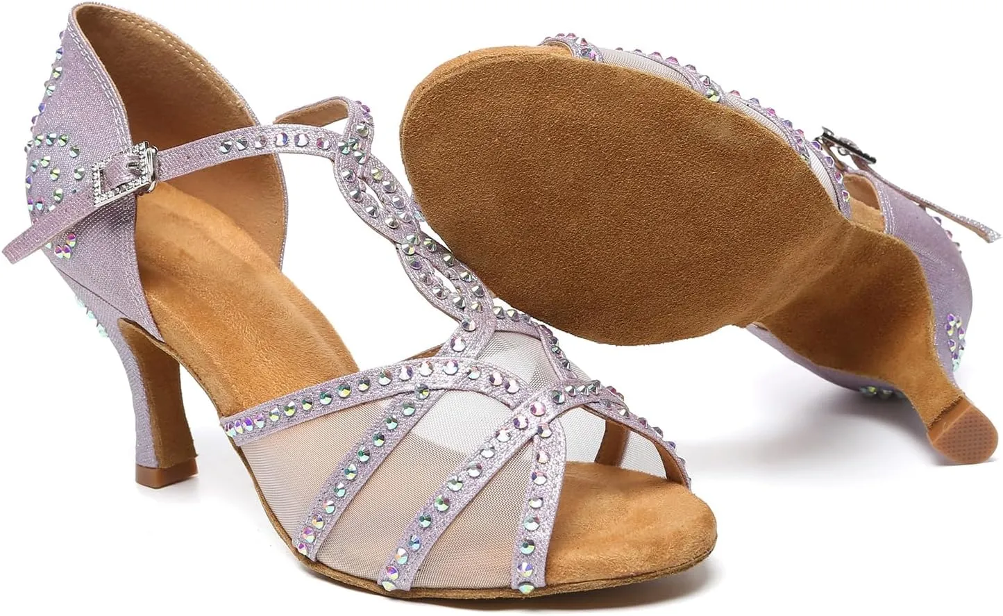 AOQUNFS Rhinestones Latin Dance Shoes Mesh Ballroom Salsa Practice Performance Dance Shoes for Women