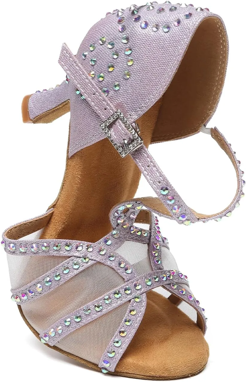 AOQUNFS Rhinestones Latin Dance Shoes Mesh Ballroom Salsa Practice Performance Dance Shoes for Women