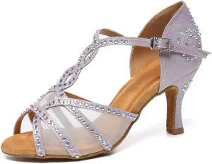 AOQUNFS Rhinestones Latin Dance Shoes Mesh Ballroom Salsa Practice Performance Dance Shoes for Women
