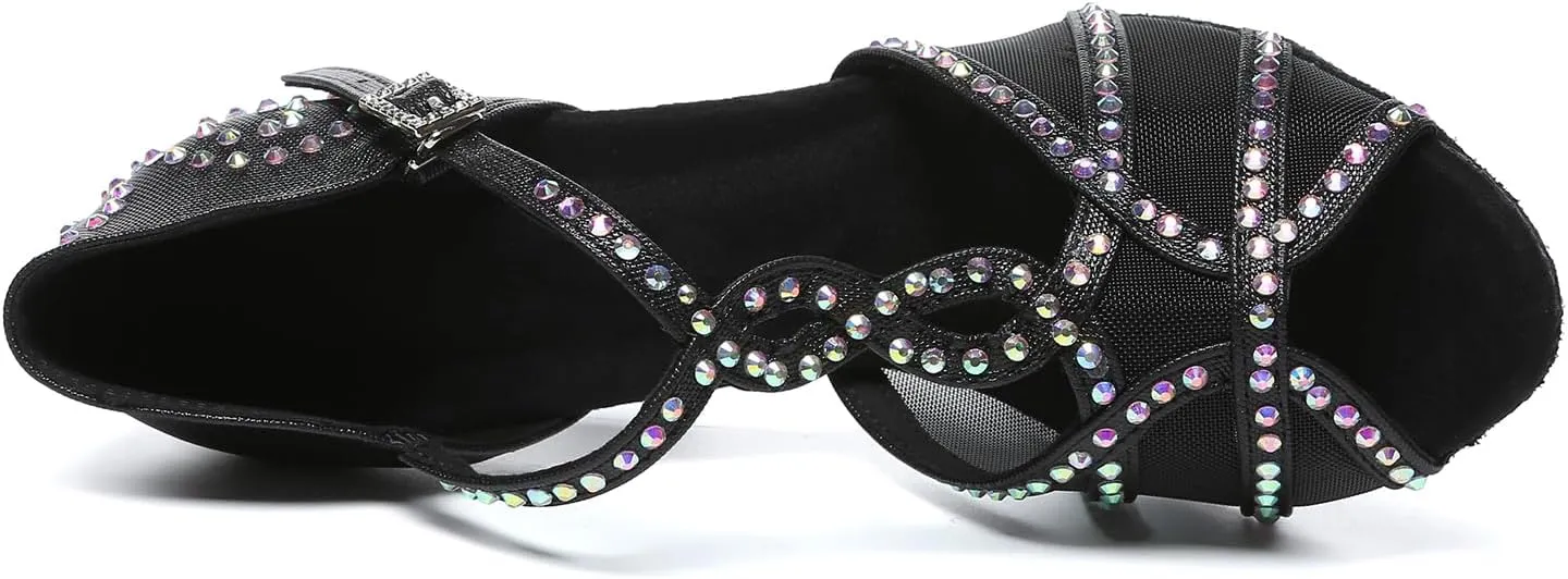 AOQUNFS Rhinestones Latin Dance Shoes Mesh Ballroom Salsa Practice Performance Dance Shoes for Women