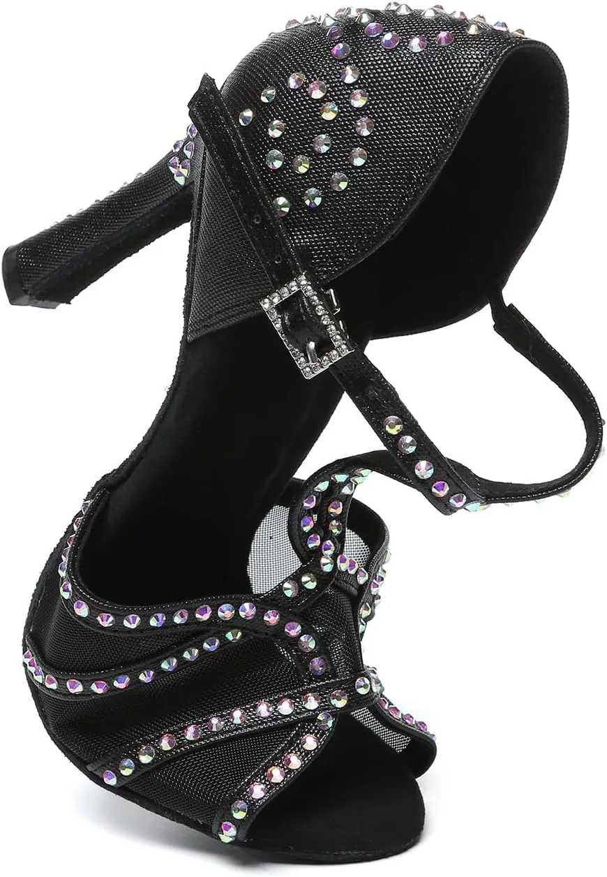 AOQUNFS Rhinestones Latin Dance Shoes Mesh Ballroom Salsa Practice Performance Dance Shoes for Women
