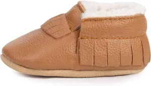 BirdRock Baby Sherpa Moccasins - Cozy, Genuine Leather Winter Shoes for Boys and Girls