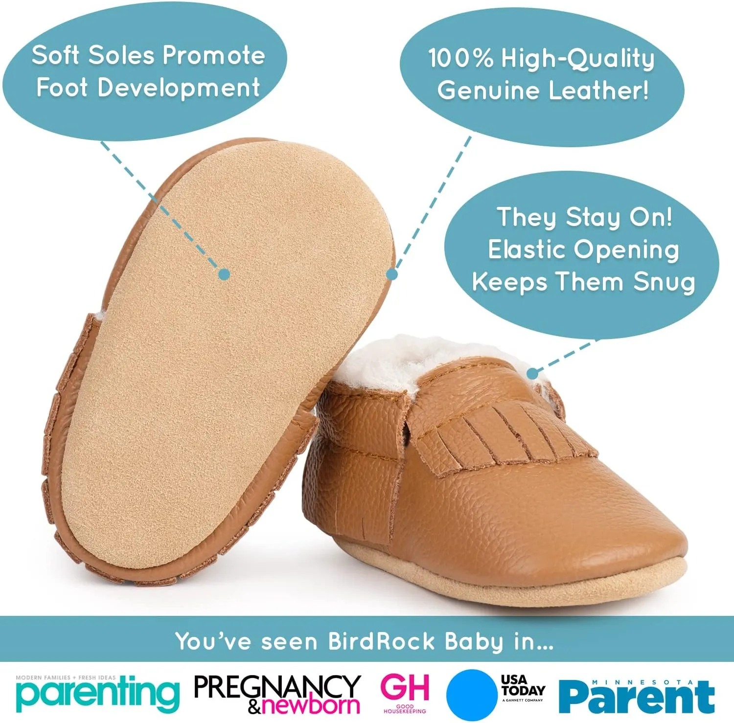 BirdRock Baby Sherpa Moccasins - Cozy, Genuine Leather Winter Shoes for Boys and Girls