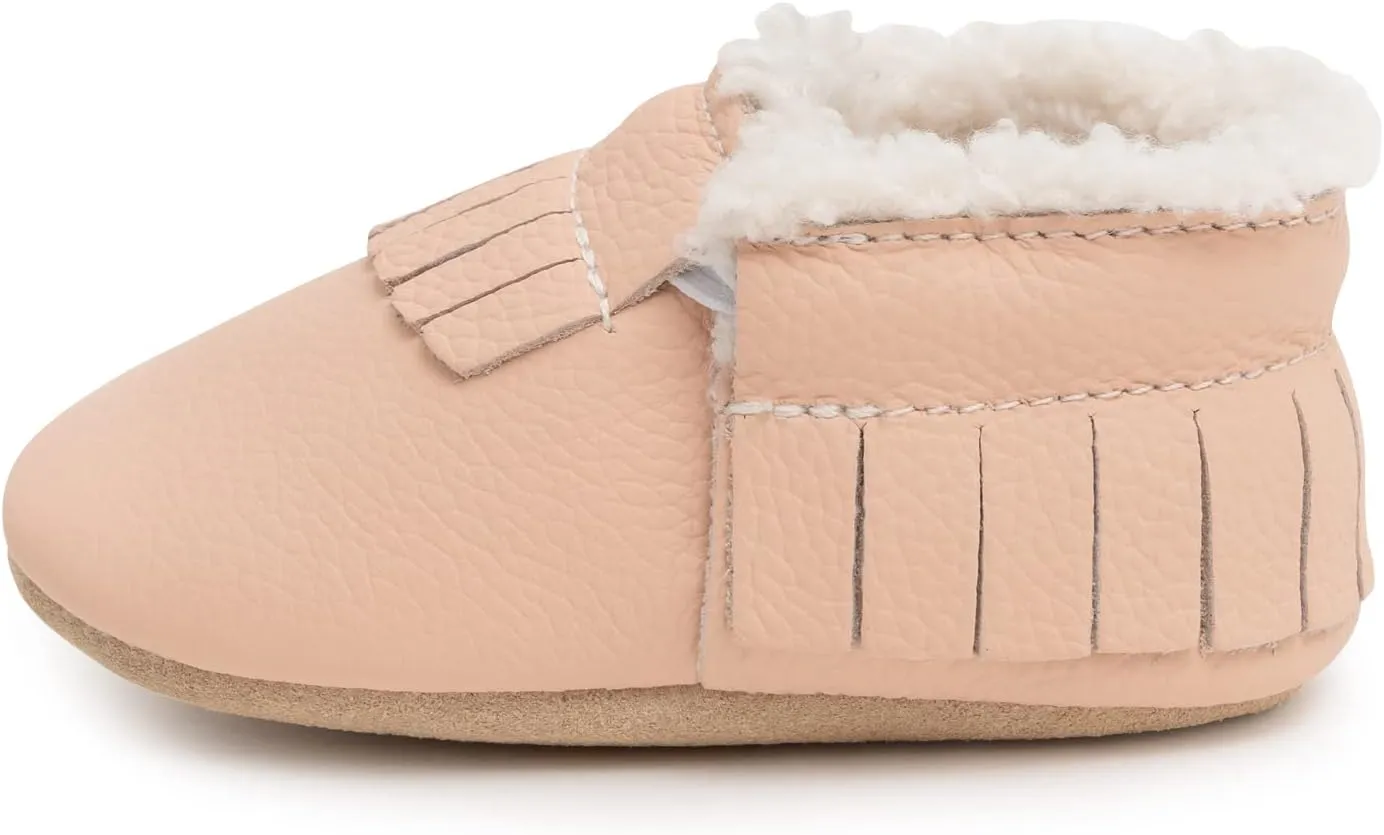 BirdRock Baby Sherpa Moccasins - Cozy, Genuine Leather Winter Shoes for Boys and Girls