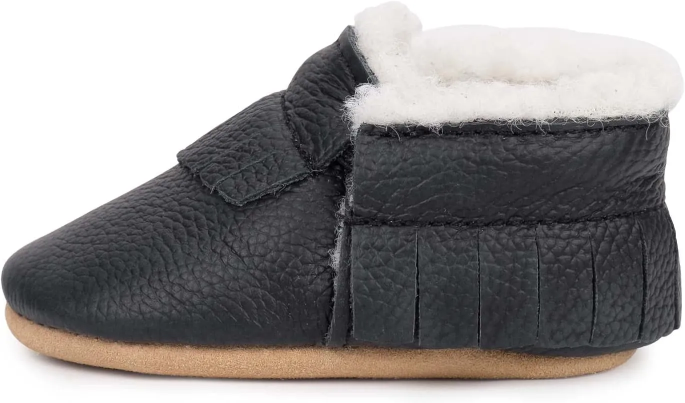 BirdRock Baby Sherpa Moccasins - Cozy, Genuine Leather Winter Shoes for Boys and Girls