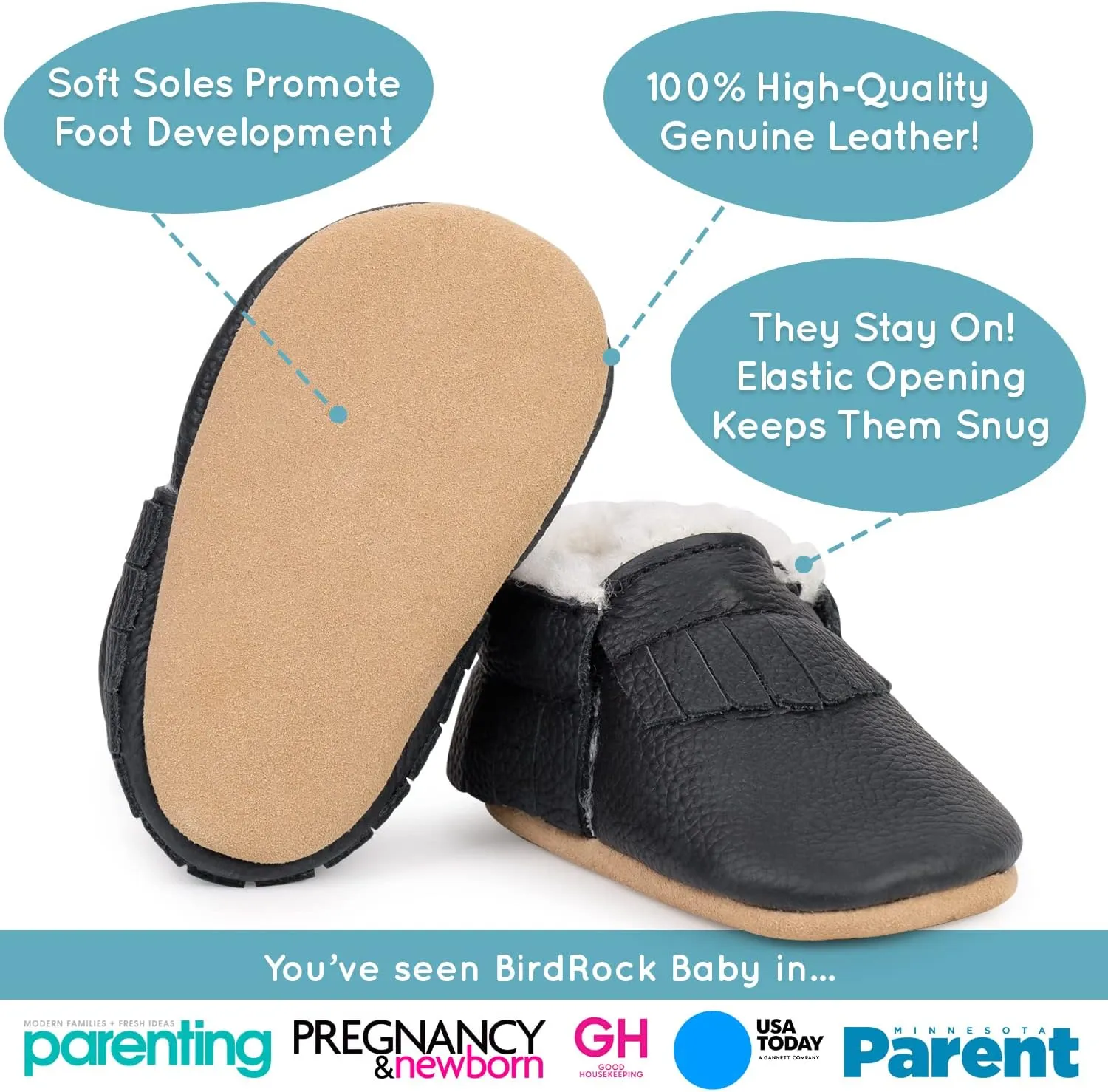 BirdRock Baby Sherpa Moccasins - Cozy, Genuine Leather Winter Shoes for Boys and Girls