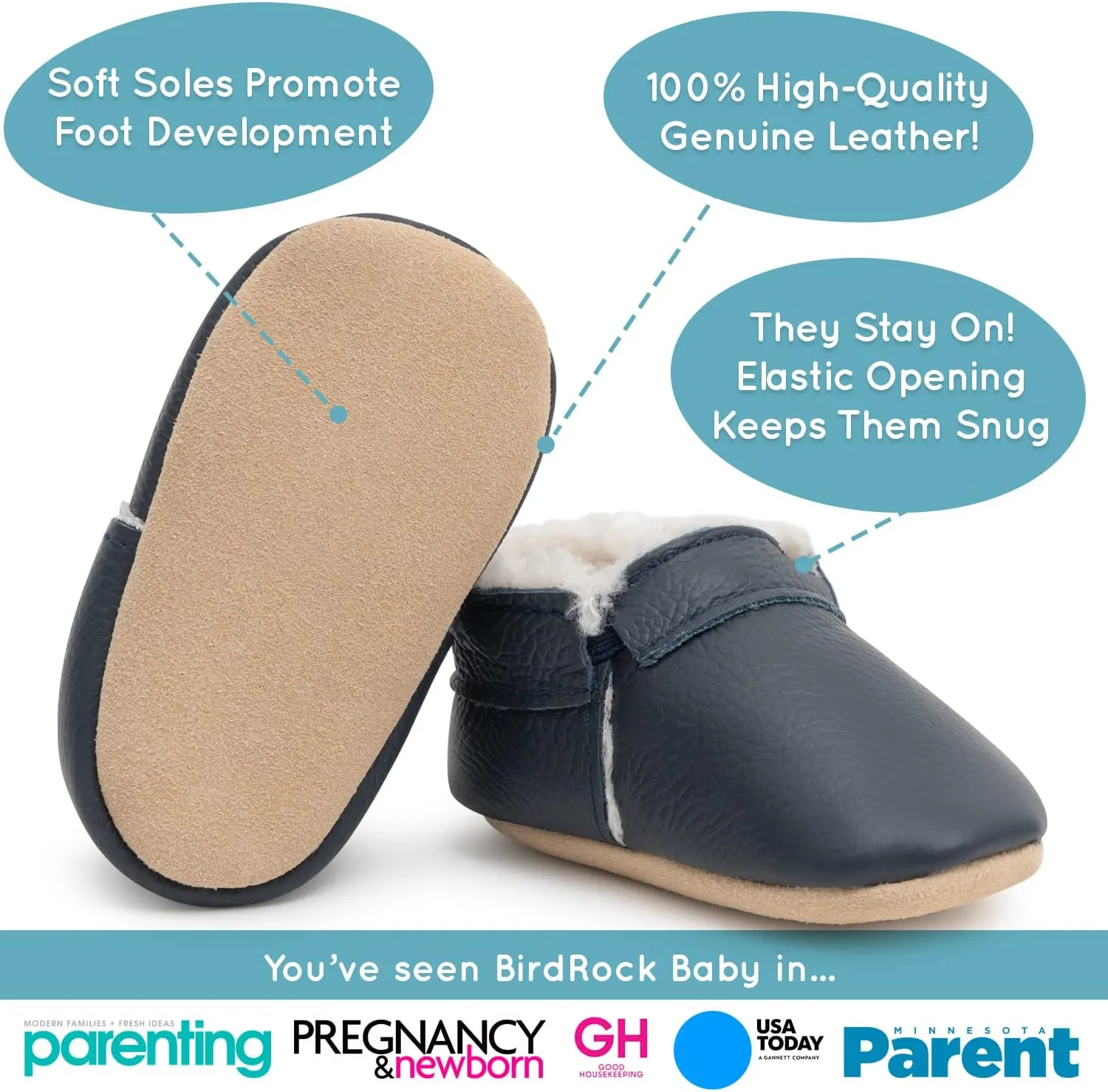 BirdRock Baby Sherpa Moccasins - Cozy, Genuine Leather Winter Shoes for Boys and Girls