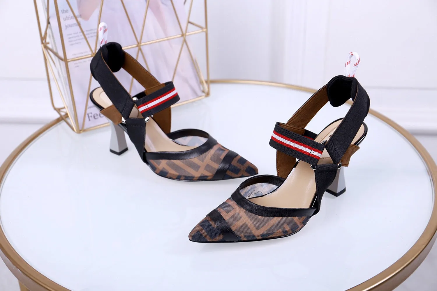Brand logo word silk film mesh high heel sandals