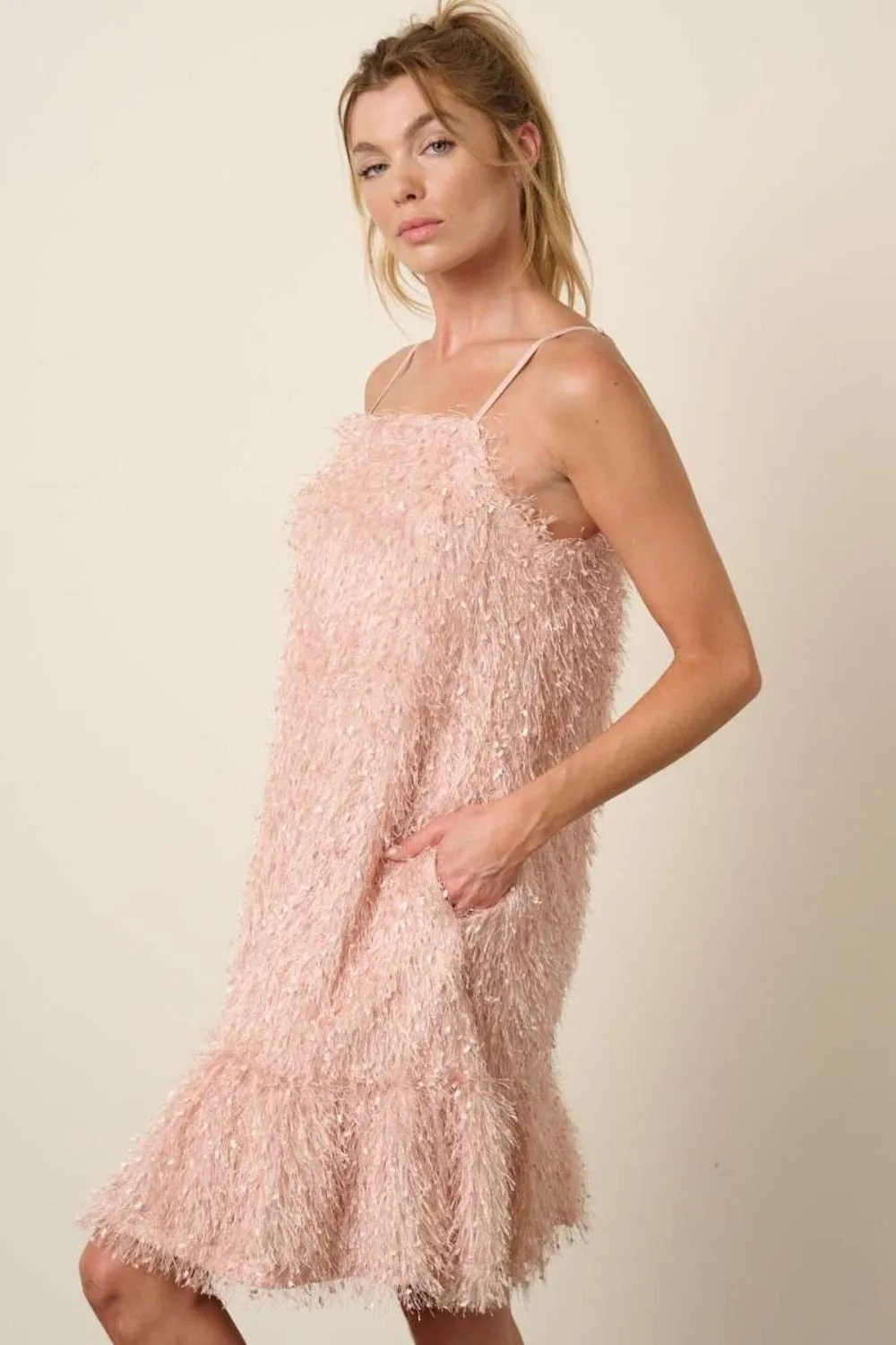 Brielle Feather Ruffle Hem Mini Cami Dress