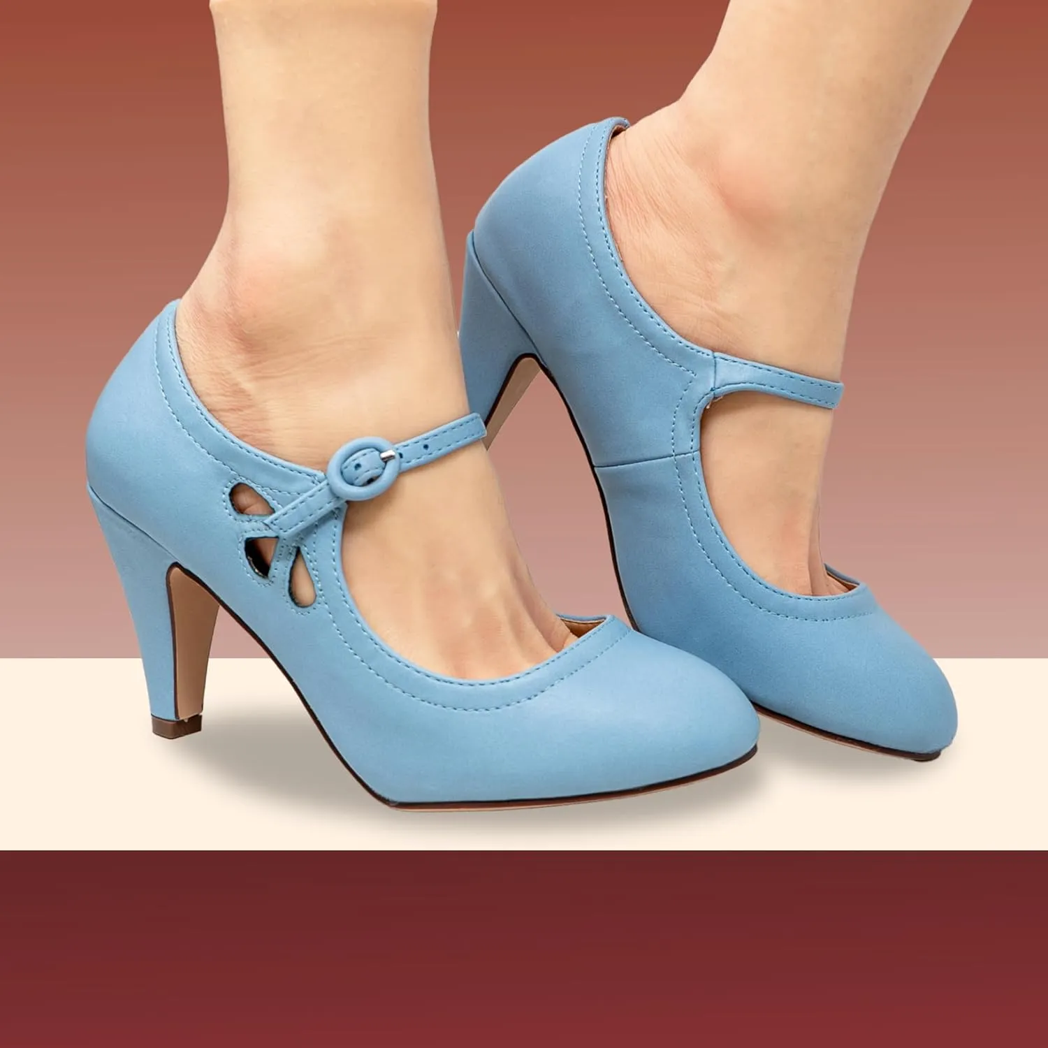 Chase & Chloe Kimmy-21 Women's Round Toe Pierced Mid Heel Mary Jane Style Dress Pumps