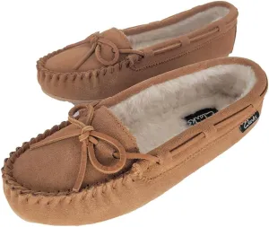 Clarks Women's Suede Bowknot Moccasin Slippers, LB0340 - Fuzzy Indoor/Outdoor Close Back Slip-Ons with Faux Fur Lining & Non-Slip Outsole - Women's Comfy Loafers for Driving Lounging & More, Cognac, 7