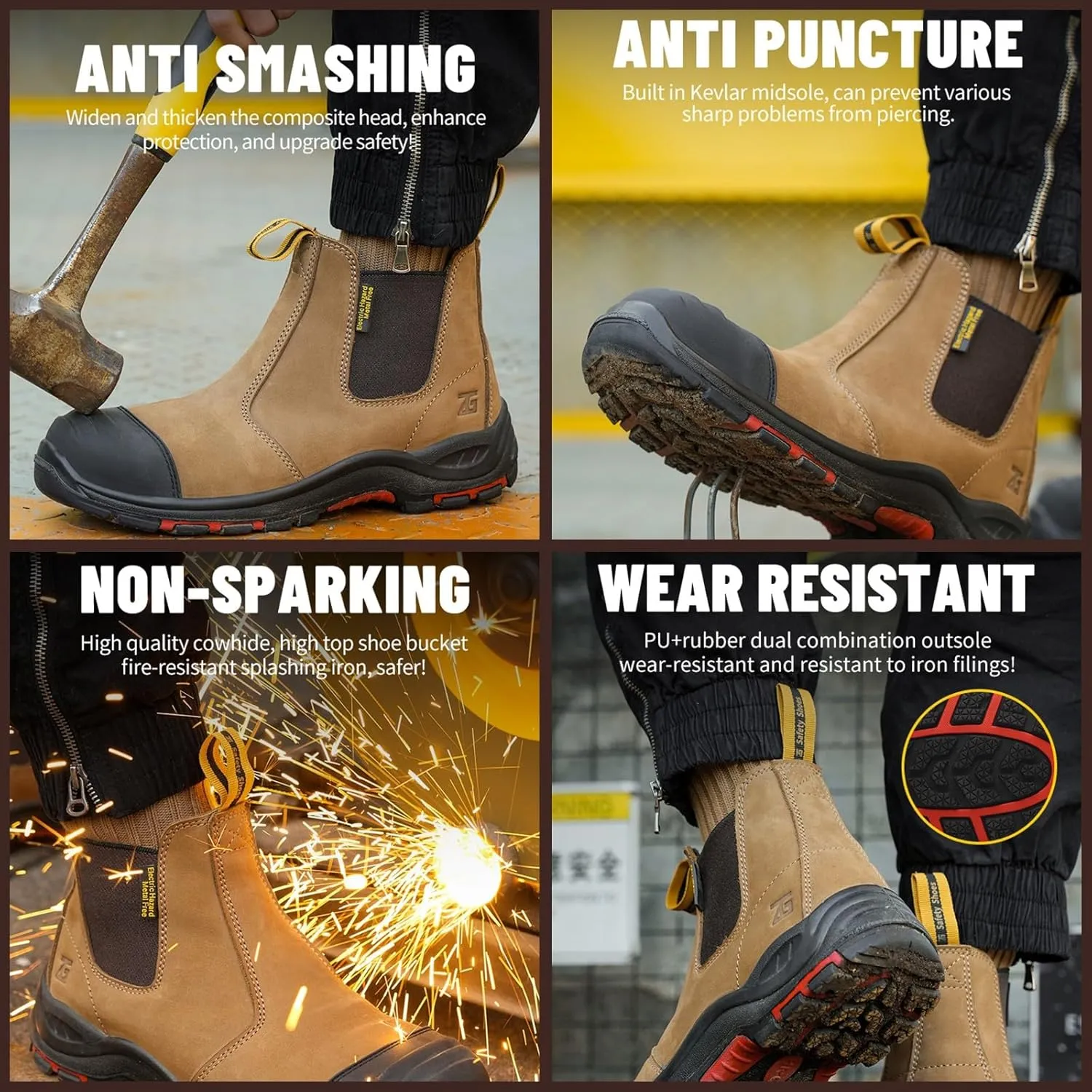 Composite Steel Toe Boots for Men Work Genuine Leather Anti-slip Safety insulated Shoes Smash and Puncture Resistant High Top Slip on Chelsea Boots