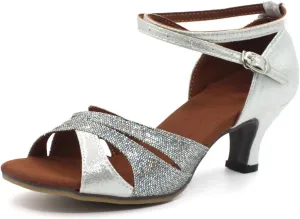 Dance Shoes Women Durable Glitter Ballroom Shoes with Cross Strap