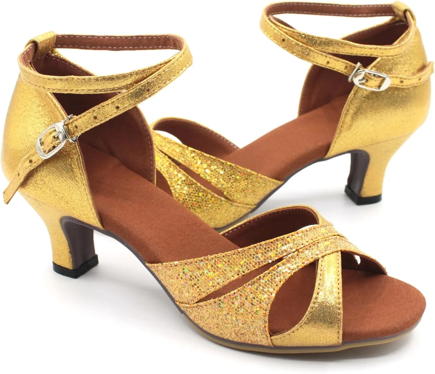 Dance Shoes Women Durable Glitter Ballroom Shoes with Cross Strap