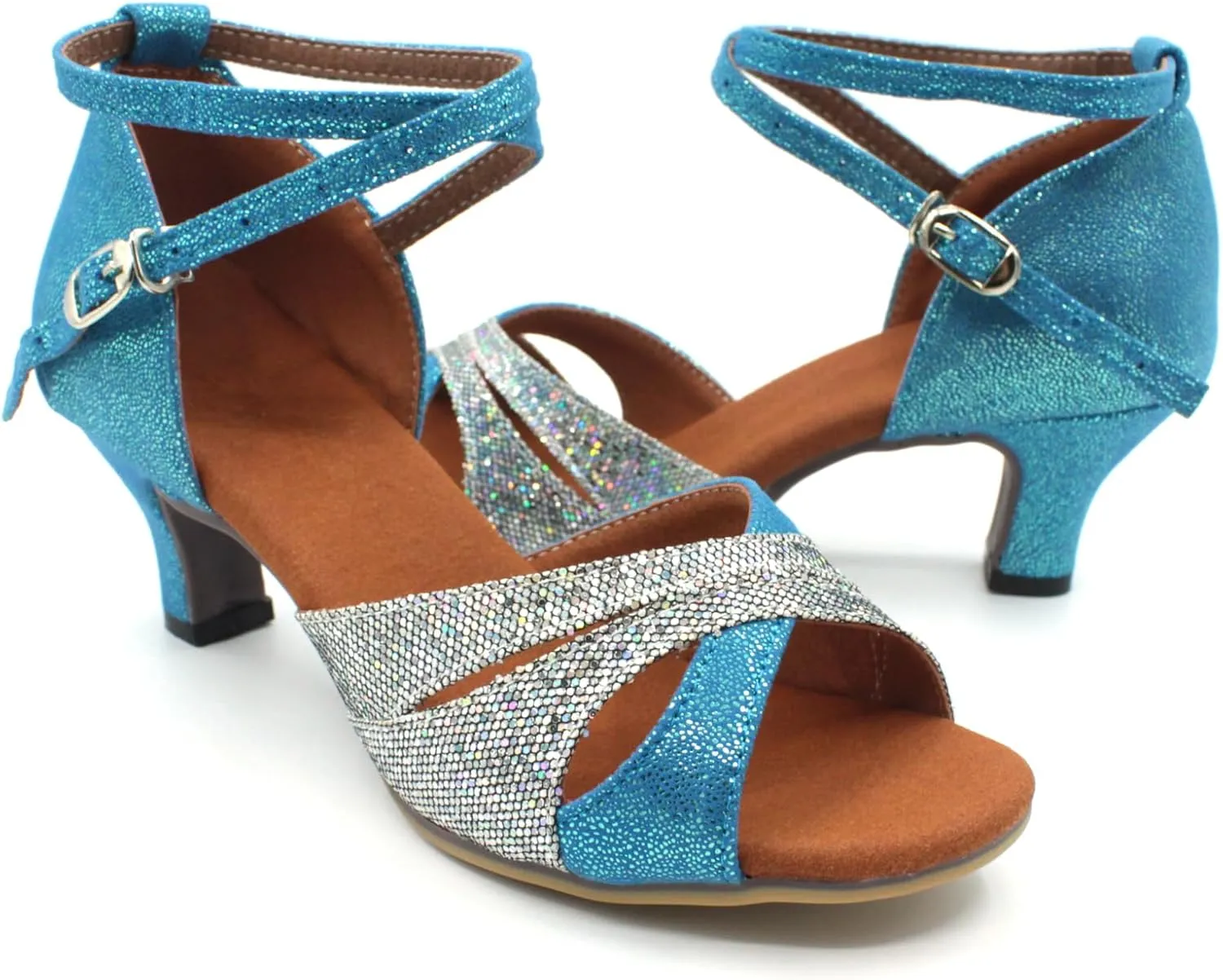 Dance Shoes Women Durable Glitter Ballroom Shoes with Cross Strap