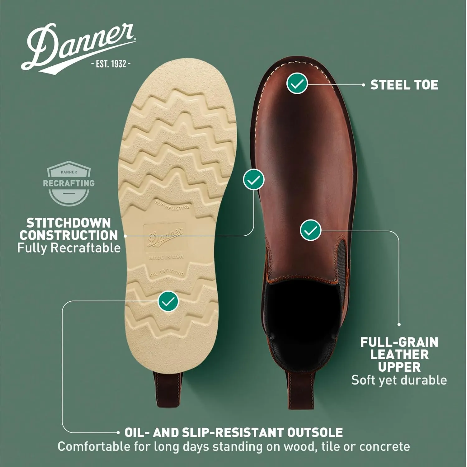 Danner Bull Run 6" Chelsea Steel Toe Work Boots for Men - Full-Grain Leather, with Oil and Slip-Resistant Wedge Outsole, EH Resistant and Made in USA