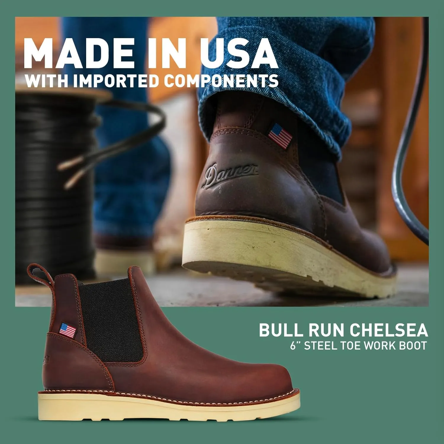 Danner Bull Run 6" Chelsea Steel Toe Work Boots for Men - Full-Grain Leather, with Oil and Slip-Resistant Wedge Outsole, EH Resistant and Made in USA