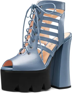 DearOnly Womens High Chunky Block Platform Heel Peep Open Sandals Lace-up Gladiator Sexy Summer Prom Shoes 5.9 Inches Heels