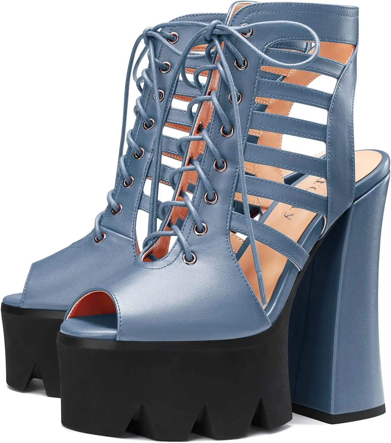 DearOnly Womens High Chunky Block Platform Heel Peep Open Sandals Lace-up Gladiator Sexy Summer Prom Shoes 5.9 Inches Heels