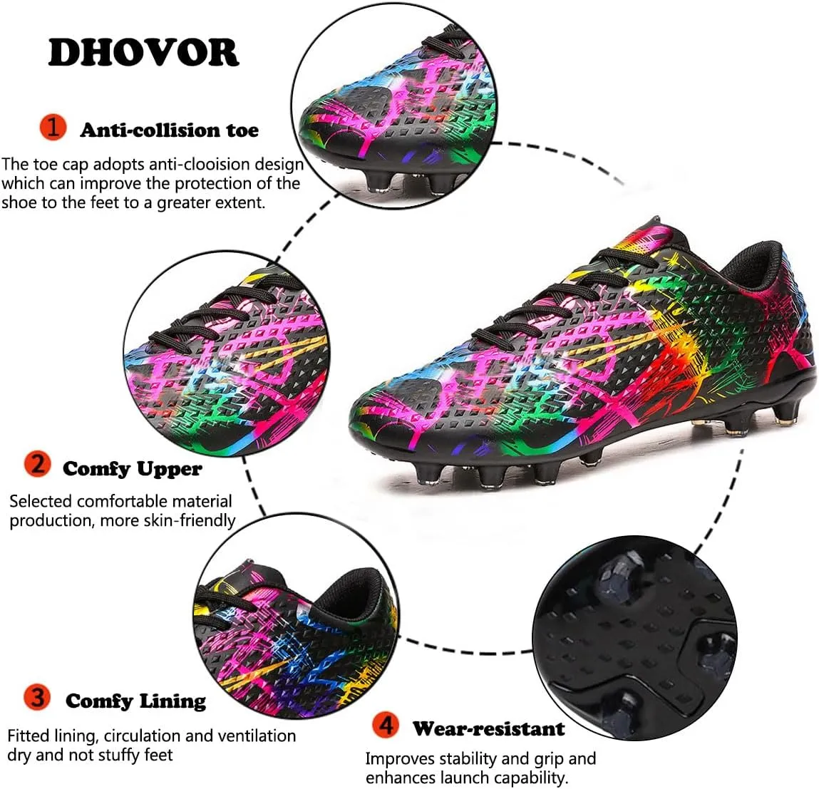 DHOVOR Mens Womens Soccer Cleats FG Football Shoes Unisex Adult Athletics Football Trainers Football Cleats Teenagers Soccer Shoes