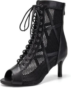 DKZSYIM Open Toe Dance Boots Women Latin Salsa Ballroom Lace-up Dance Shoes,Model K99