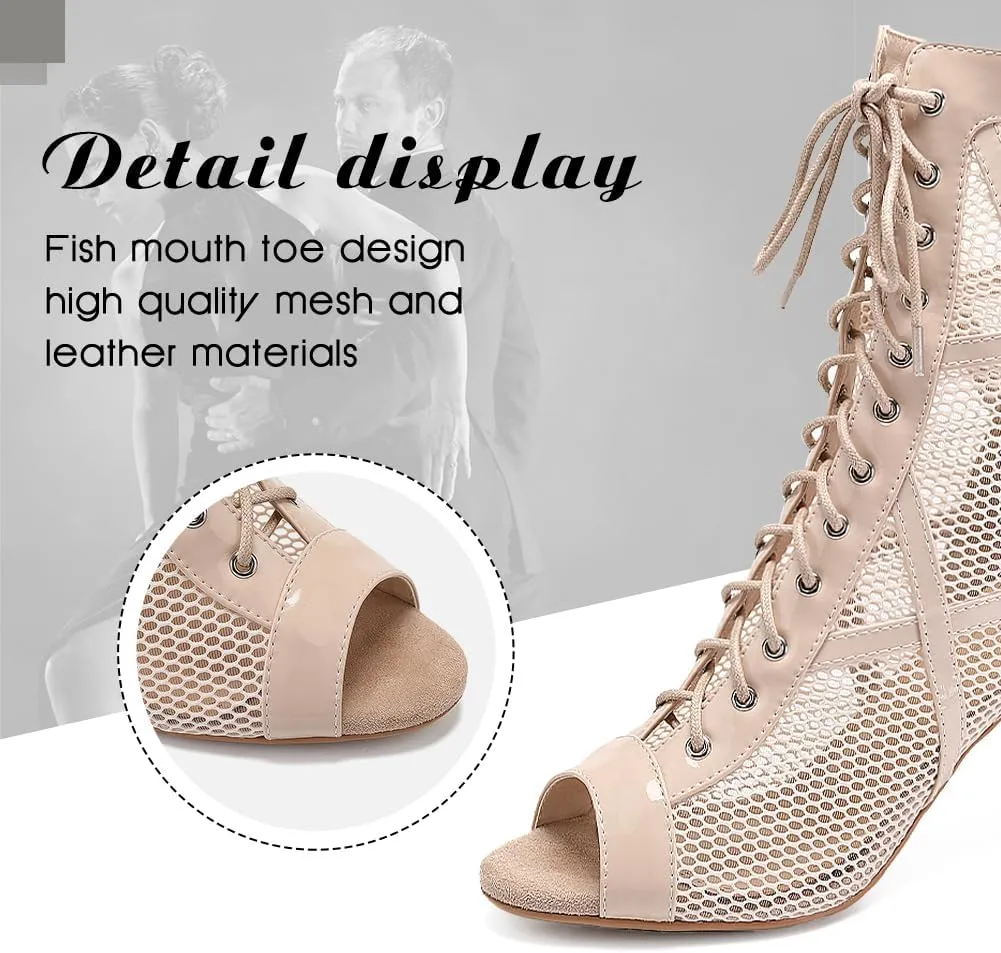 DKZSYIM Open Toe Dance Boots Women Latin Salsa Ballroom Lace-up Dance Shoes,Model K99