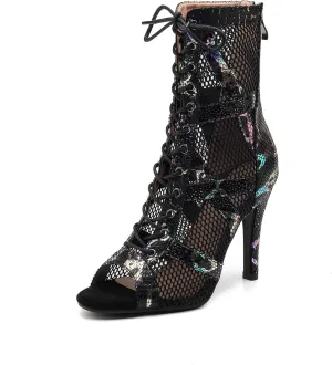DKZSYIM Open Toe Dance Boots Women Latin Salsa Ballroom Lace-up Dance Shoes,Model K99