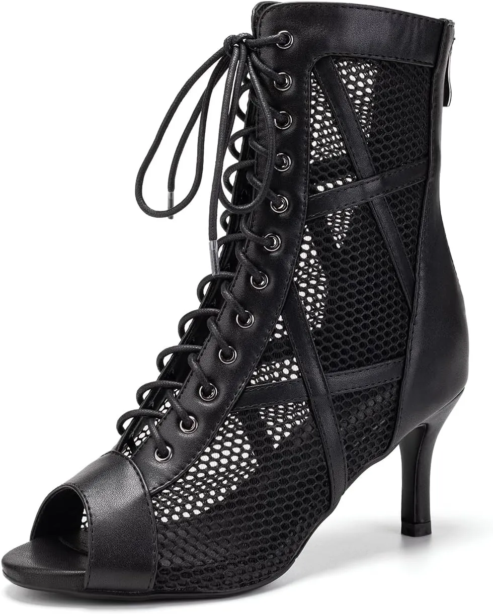 DKZSYIM Open Toe Dance Boots Women Latin Salsa Ballroom Lace-up Dance Shoes,Model K99