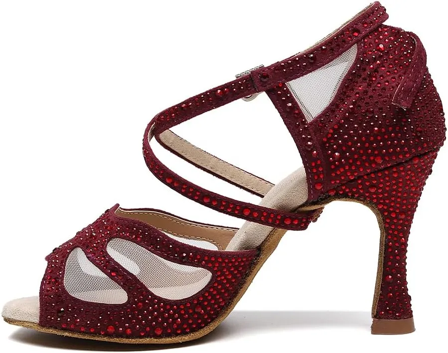 DKZSYIM Women Rhinestone Latin Ballroom Dance Shoes Bachata Salsa Practice Performance Dance Shoes,Model QJW9003