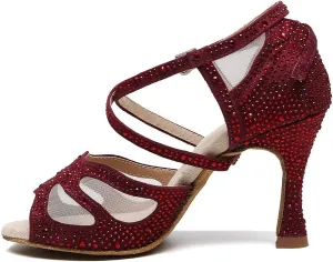 DKZSYIM Women Rhinestone Latin Ballroom Dance Shoes Bachata Salsa Practice Performance Dance Shoes,Model QJW9003