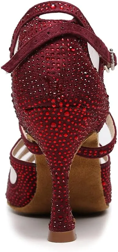 DKZSYIM Women Rhinestone Latin Ballroom Dance Shoes Bachata Salsa Practice Performance Dance Shoes,Model QJW9003