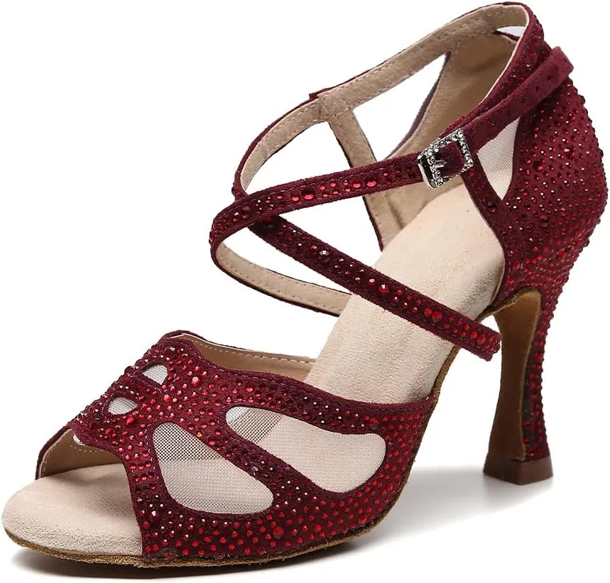 DKZSYIM Women Rhinestone Latin Ballroom Dance Shoes Bachata Salsa Practice Performance Dance Shoes,Model QJW9003