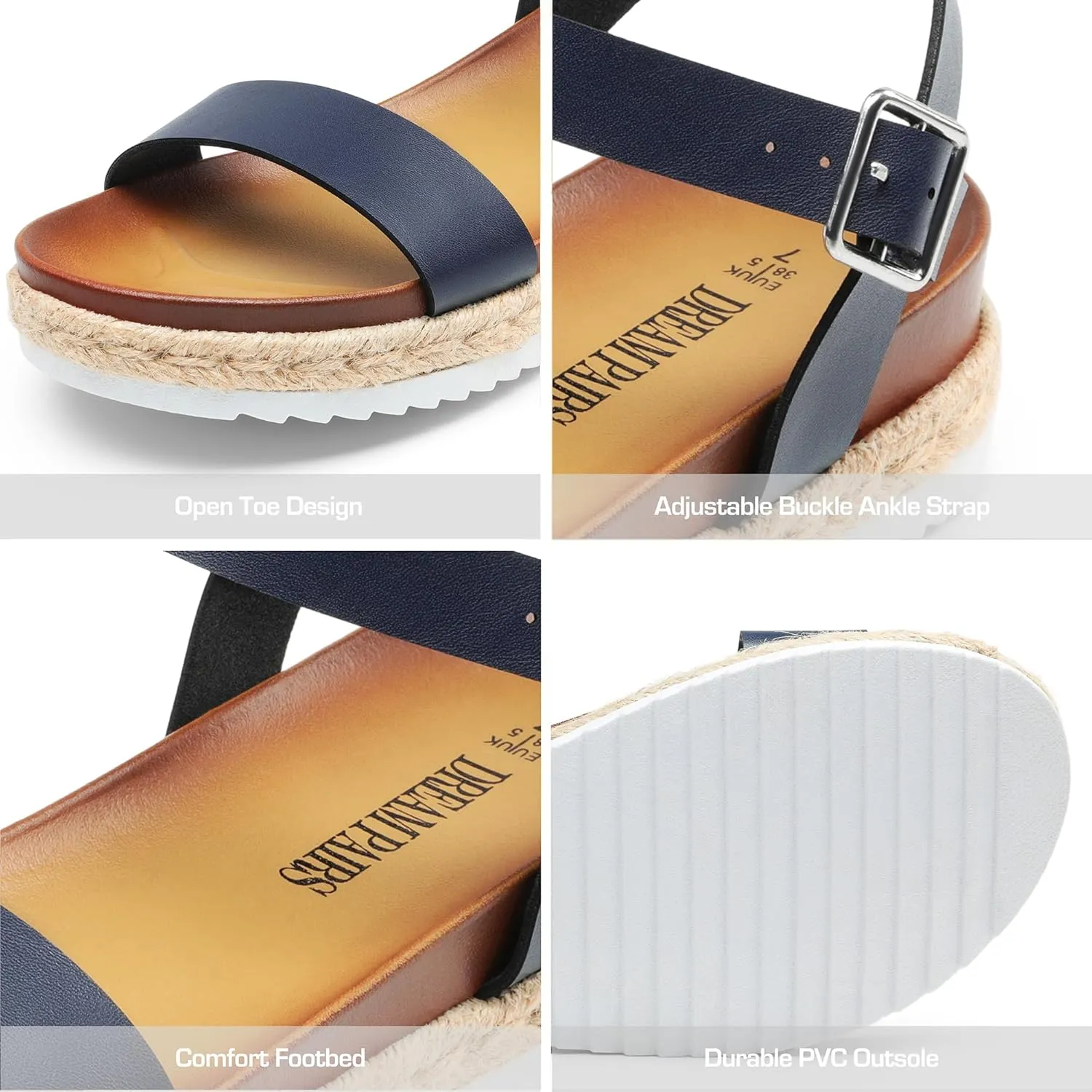 DREAM PAIRS Womens Open Toe Ankle Strap Espadrille Casual Flatform Platform Wedge Sandals