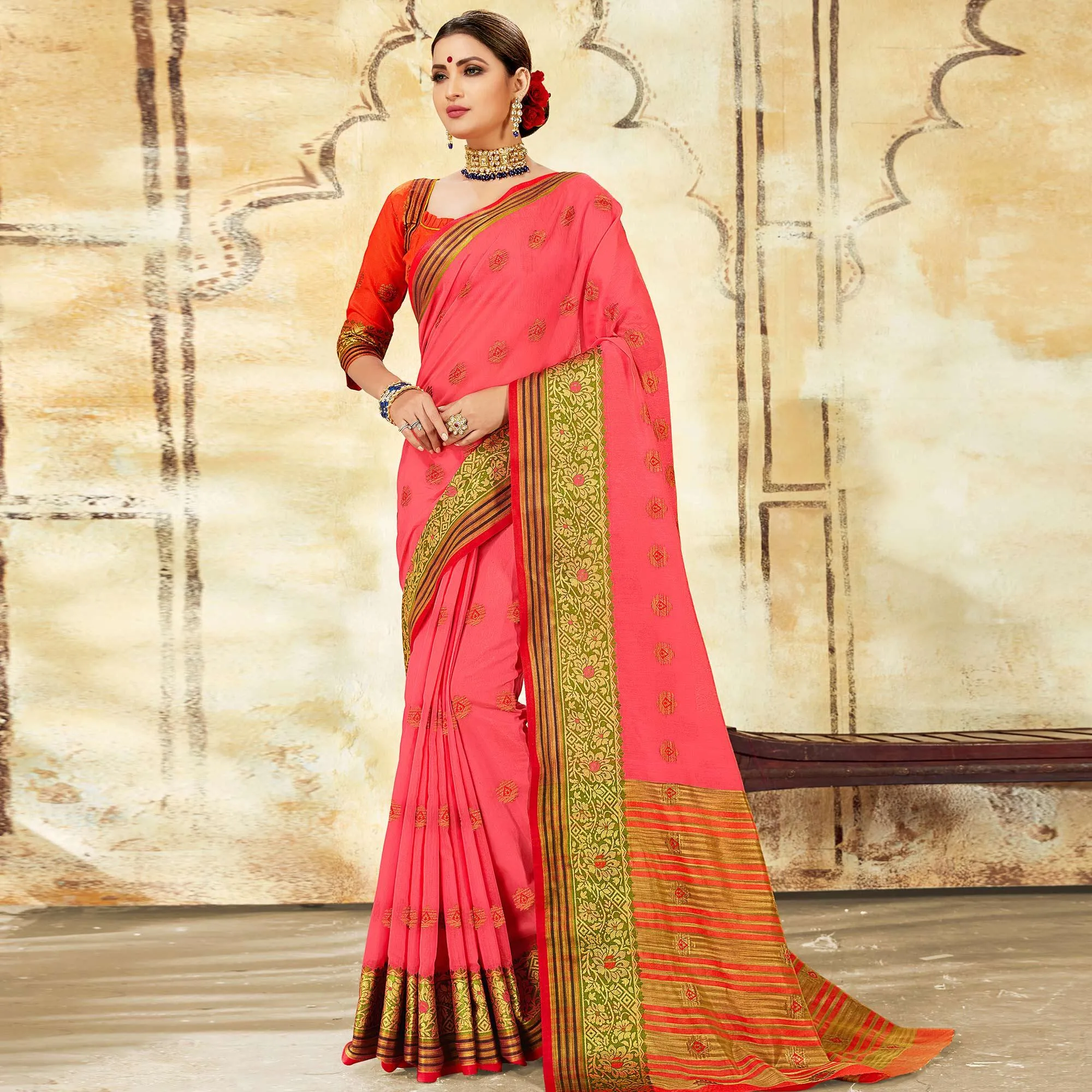 Elegant Pink Colored Festive Wear Woven Cotton Saree