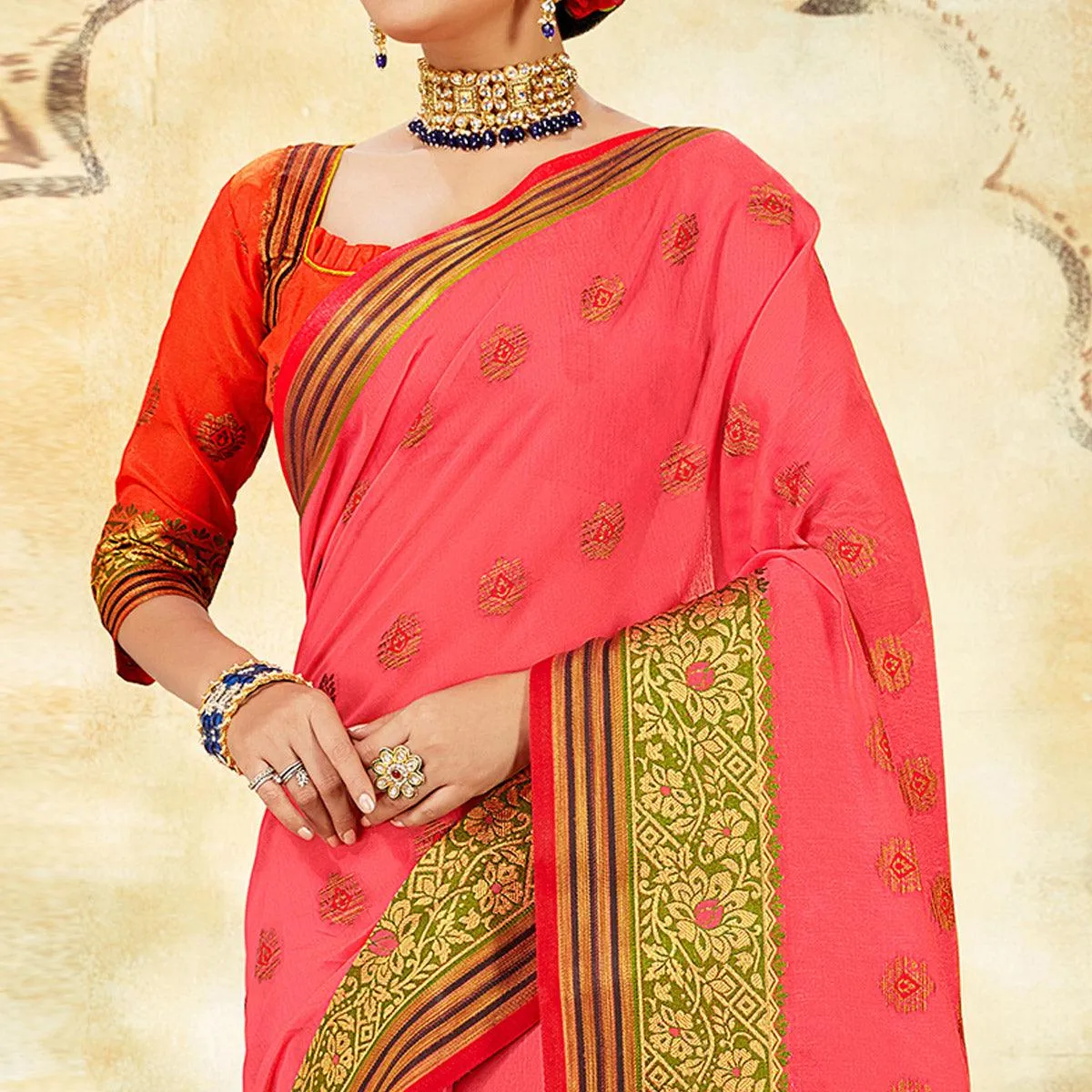 Elegant Pink Colored Festive Wear Woven Cotton Saree