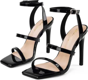 Elisabet Tang Elegant Black High Heeled Sandals for Women  Adjustable Straps, Square Toe, Stiletto Pumps for Party, Evening, and Formal Occasions