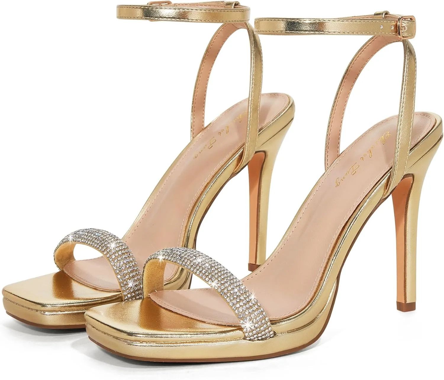 Elisabet Tang Womens Stilettos Heeled Sandals Open Square Toe Heels,4.3 Inch Open Toe Strappy Sexy High Heels Ankle Strap Buckle Heels for Party Wedding Dress Daily Wear Shoes