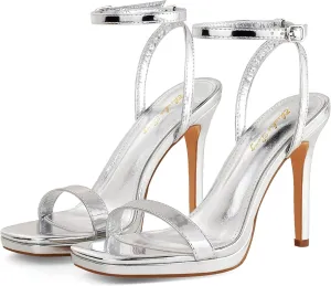 Elisabet Tang Womens Stilettos Heeled Sandals Open Square Toe Heels,4.3 Inch Open Toe Strappy Sexy High Heels Ankle Strap Buckle Heels for Party Wedding Dress Daily Wear Shoes