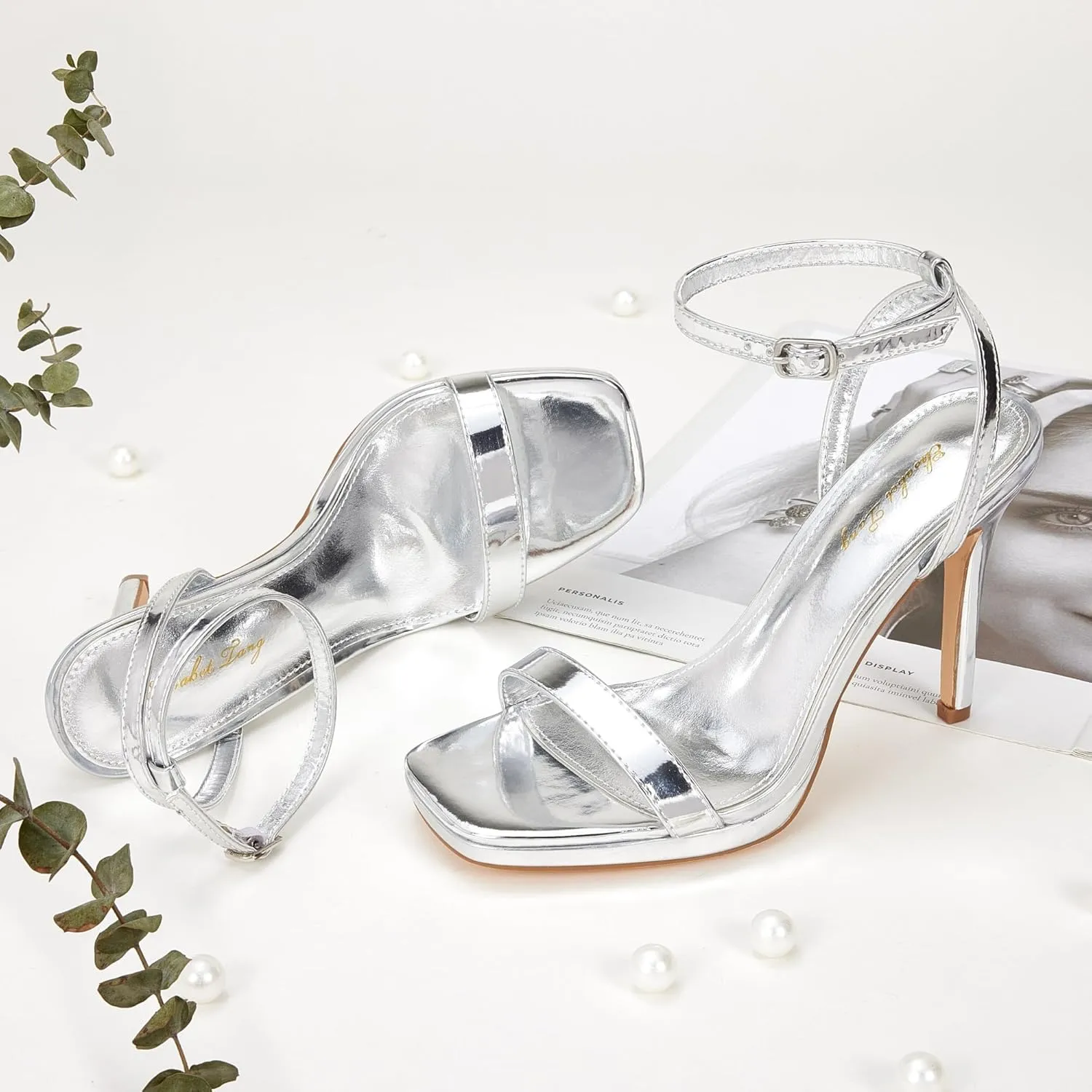 Elisabet Tang Womens Stilettos Heeled Sandals Open Square Toe Heels,4.3 Inch Open Toe Strappy Sexy High Heels Ankle Strap Buckle Heels for Party Wedding Dress Daily Wear Shoes