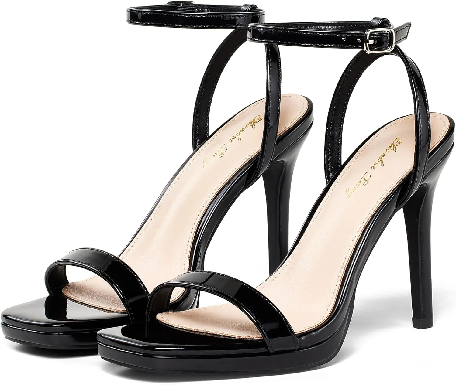 Elisabet Tang Womens Stilettos Heeled Sandals Open Square Toe Heels,4.3 Inch Open Toe Strappy Sexy High Heels Ankle Strap Buckle Heels for Party Wedding Dress Daily Wear Shoes