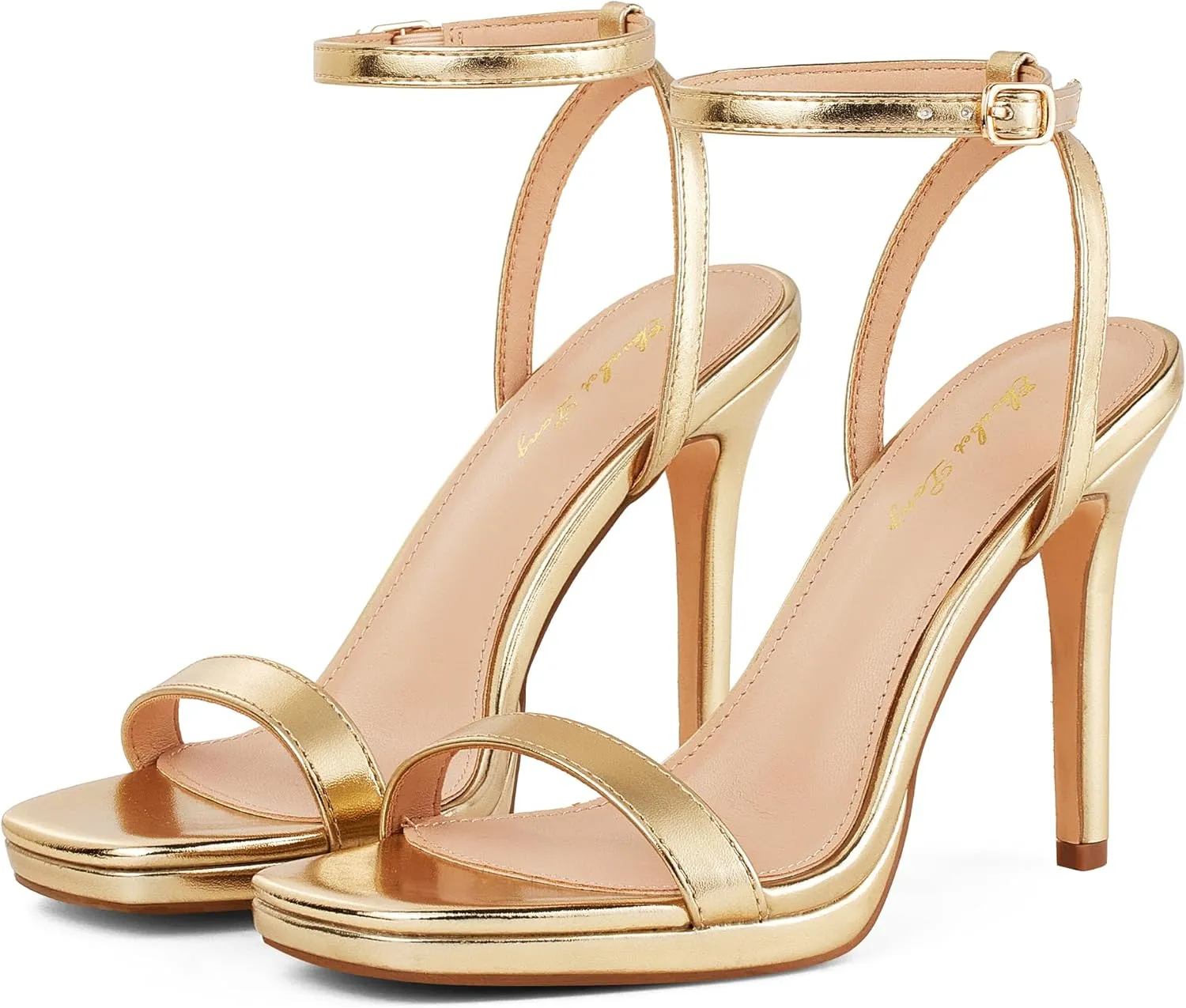 Elisabet Tang Womens Stilettos Heeled Sandals Open Square Toe Heels,4.3 Inch Open Toe Strappy Sexy High Heels Ankle Strap Buckle Heels for Party Wedding Dress Daily Wear Shoes