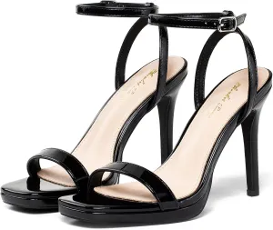 Elisabet Tang Womens Stilettos Heeled Sandals Open Square Toe Heels,4.3 Inch Open Toe Strappy Sexy High Heels Ankle Strap Buckle Heels for Party Wedding Dress Daily Wear Shoes